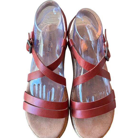 Lucky Brand Jacobean Platform Sandals Size ? Rust Red Strappy Buckle Cork - Picture 4 of 8